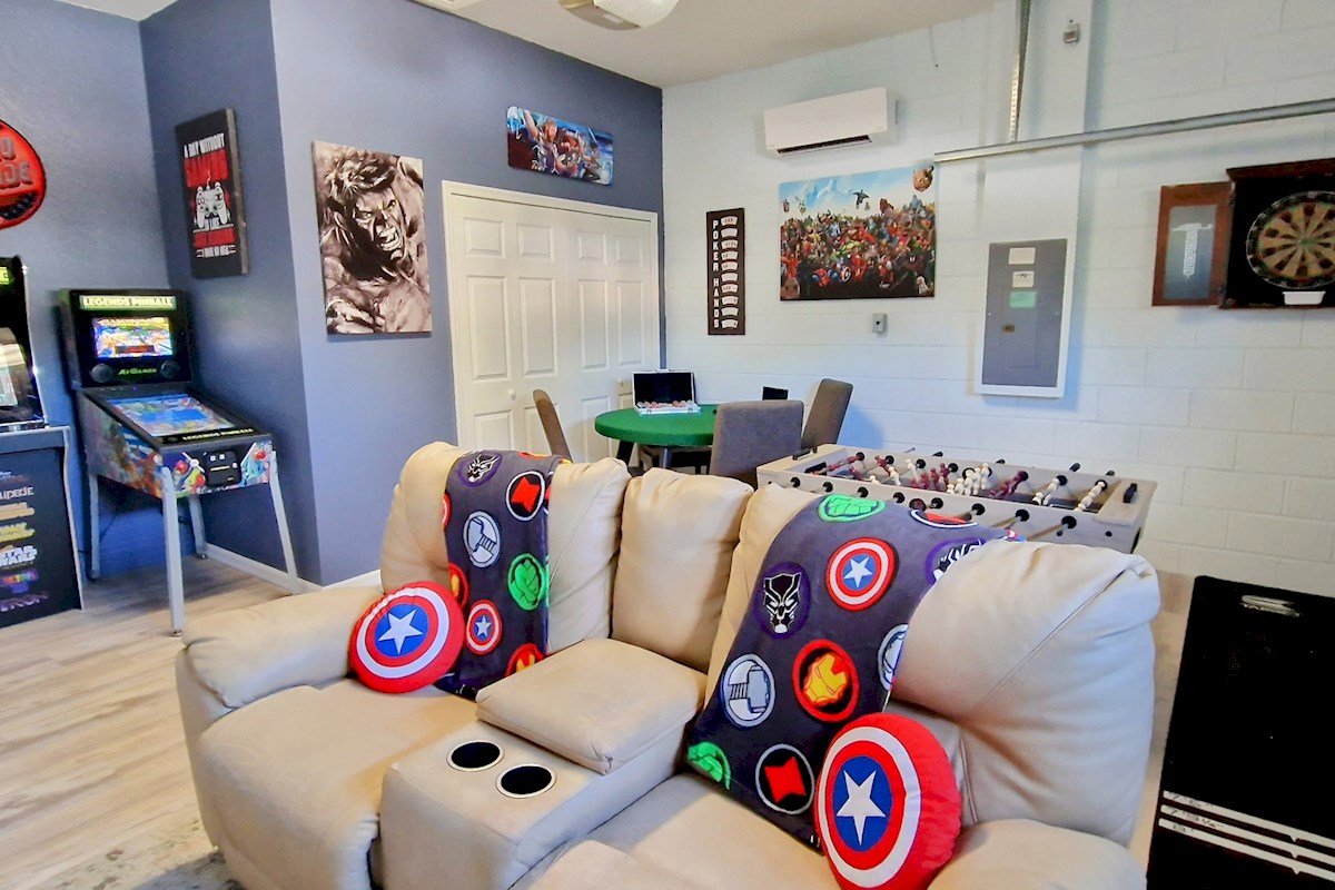 Games Room, 65" TV, Arcade and Pinball Games, Foosball, Dartboard, Games Table